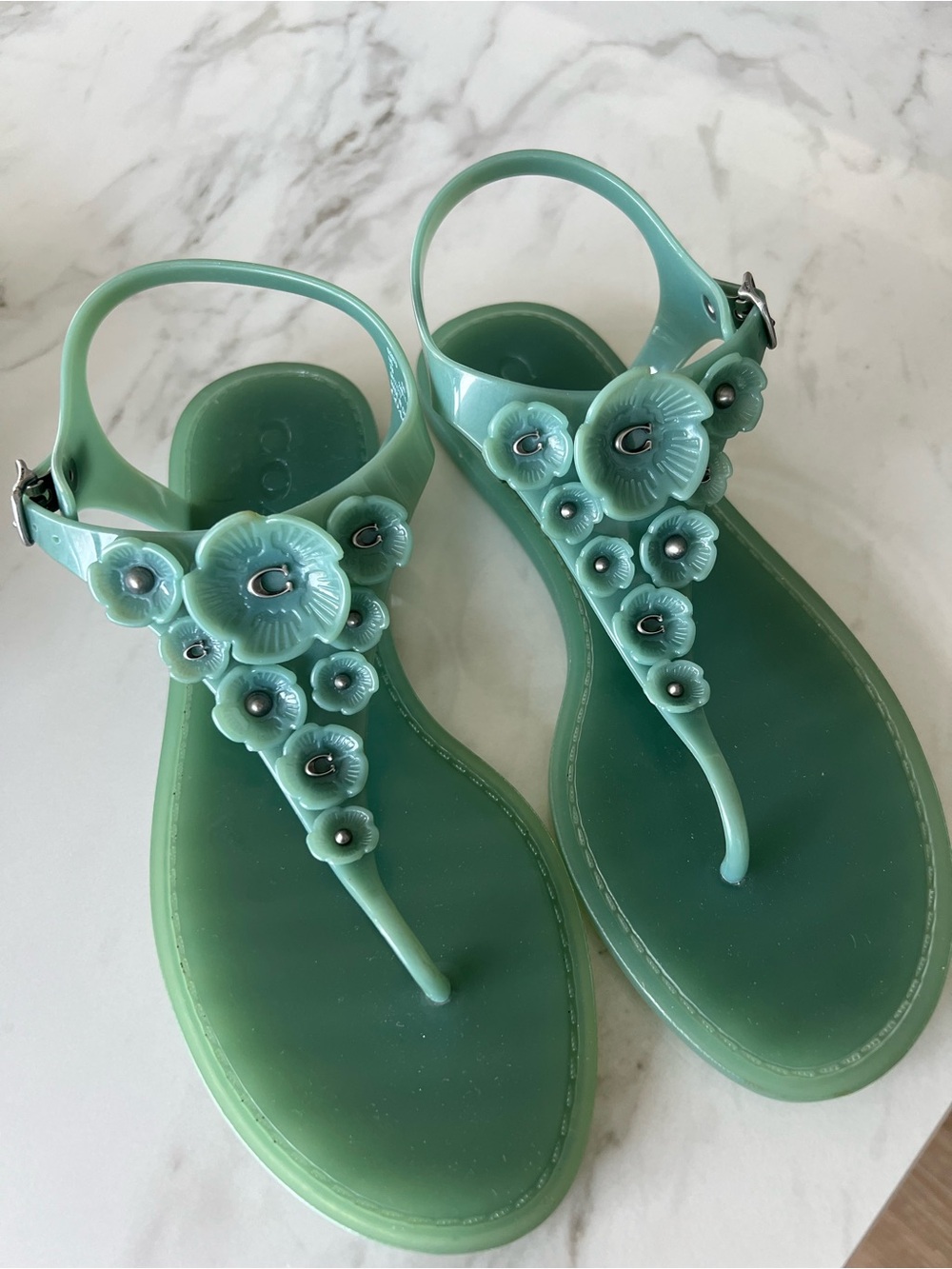 Coach Women's Mint Green Floral T-Strap Sandals